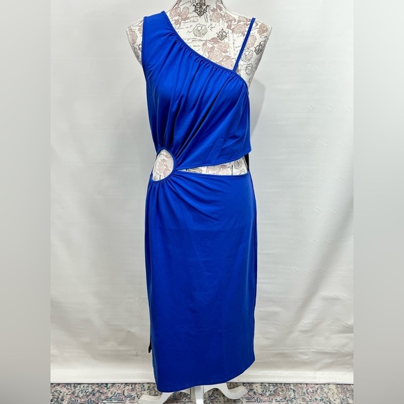 WALTER BAKER Royal blue one shoulder cutout midi dress size L - Picture 3 of 16